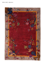 Load image into Gallery viewer, Antique Chinese Art Deco rug, 104x72 inches, hand-knotted wool, featuring intricate floral motifs in vibrant hues.