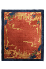 Load image into Gallery viewer, Vintage Chinese Art Deco rug, 114x94 inches (290x240 cm), featuring a vibrant red, beige, and blue color palette with bold geometric patterns and intricate detailing.