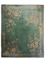 Load image into Gallery viewer, Antique Chinese Art Deco olive green wool rug, 165x130 inches, featuring intricate patterns and handwoven craftsmanship.
