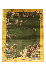 Load image into Gallery viewer, Antique Chinese Art Deco rug, 138x106 inches, featuring a decorative design in olive green and yellow hues.