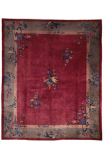 Load image into Gallery viewer, Antique Chinese Art Deco rug, 116x96 inches, handwoven wool in magenta and blue tones, featuring intricate patterns reflecting early 20th-century craftsmanship.