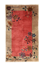 Load image into Gallery viewer, Antique Chinese Art Deco rug, 53x30 inches, hand-knotted wool in pink and ochre hues, featuring intricate floral and geometric motifs.