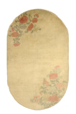 Load image into Gallery viewer, Vintage Chinese Deco rug, 89x55 inches (225x140 cm), featuring delicate coral chrysanthemums with sage leaves on a serene golden oval background