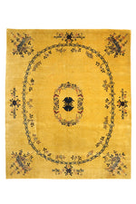 Load image into Gallery viewer, Antique Chinese Art Deco rug, 118x98 inches (300x248 cm), featuring intricate patterns in harmonious blue and yellow tones.