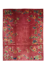 Load image into Gallery viewer, Antique Chinese Art Deco wool rug, 136x106 inches (345x270 cm), featuring intricate floral patterns with chrysanthemums and peonies on a vibrant red background.