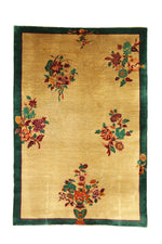 Load image into Gallery viewer, Antique Chinese Art Deco rug, 105x72 inches, handwoven wool from the 1920s–1930s, featuring delicate floral motifs in beige and green tones.