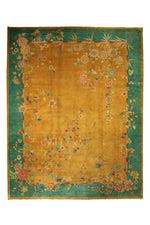 Load image into Gallery viewer, Antique Chinese decorative rug by Nichols, 177x138 inches, featuring intricate green and gold patterns.
