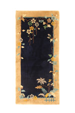 Load image into Gallery viewer, Antique Chinese Art Deco oval rug, 59x37 inches (150x94 cm), featuring burgundy flowers rising from a sage green border into a pale gold field, creating a tranquil garden scene.