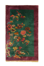 Load image into Gallery viewer, Antique Chinese decorative rug, 81x48 inches, featuring magenta and green hues with intricate floral and geometric patterns.