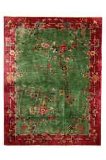 Load image into Gallery viewer, Antique Chinese decorative rug, 138x106 inches, featuring vibrant green and magenta tones with intricate patterns.