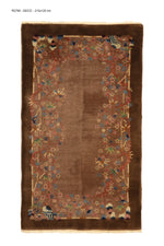 Load image into Gallery viewer, Antique Chinese Art Deco rug, 83x47 inches (210x120 cm), featuring a delicate floral and bamboo border with birds in soft blues and corals on a brown background, framed by chocolate edges.