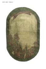 Load image into Gallery viewer, Antique Chinese Art Deco rug, 59x37 inches (150x94 cm), featuring a rich green color palette with bold lines and symmetrical design, exemplifying early 20th-century Chinese craftsmanship.