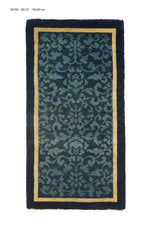 Load image into Gallery viewer, 1920s Chinese Art Deco rug, 59x31 inches (150x80 cm), featuring a delicate sky blue scrolling pattern on a denim background, framed by an elegant gold border.