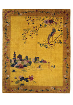Load image into Gallery viewer, Antique Chinese Art Deco rug by Walter Nichols, 139x110 inches, featuring a decorative design in light yellow, violet, olive green, and blue hues.