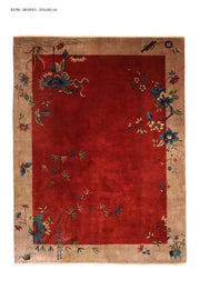 Antique Chinese Art Deco rug by Nichols, 140x104 inches, featuring vibrant magenta tones with intricate decorative patterns.