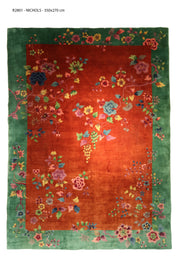 Antique Chinese Art Deco rug by Nichols, 138x106 inches, featuring intricate green and orange patterns.