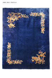 Antique Chinese Art Deco rug, 138x106 inches (350x270 cm), featuring a rich blue palette and intricate craftsmanship, exemplifying early 20th-century Chinese design.