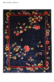 Antique Chinese Art Deco Walter Nichols rug, 142x108 inches, featuring delicate bird and butterfly motifs in soft and bold tones