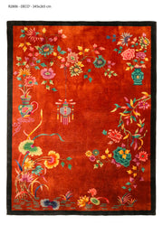 Antique early 20th-century Chinese Art Deco rug, handwoven wool, 136x104 inches, featuring a sophisticated Four Seasons motif symbolizing prosperity and harmony.
