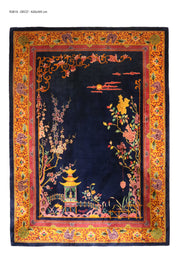 Antique Chinese Art Deco rug, 165x120 inches (420x305 cm), featuring a rich blue palette and intricate craftsmanship, exemplifying early 20th-century Chinese design.
