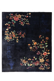 Vintage Chinese Art Deco rug, 118x94 inches (300x240 cm), featuring a stunning blue color palette with intricate floral patterns, handcrafted by skilled artisans.