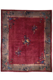Antique Chinese Art Deco rug, 116x96 inches, handwoven wool in magenta and blue tones, featuring intricate patterns reflecting early 20th-century craftsmanship.
