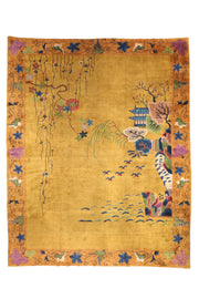 Antique Chinese Art Deco rug by Walter Nichols, 138x110 inches, featuring a decorative design in light yellow, violet, olive green, and blue hues.