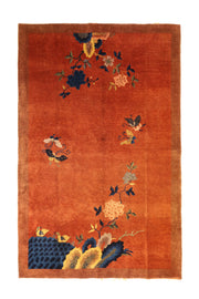 Antique Chinese Art Deco rug by Walter Nichols, 94x61 inches, featuring intricate magenta and green patterns.