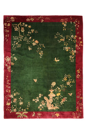 Antique Chinese Art Deco rug, 138x106 inches, featuring a bold magenta and green floral design.