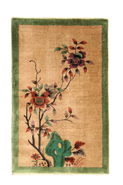 Antique Chinese Art Deco 'Walter Nichols' rug, 59x37 inches, featuring intricate decorative patterns.