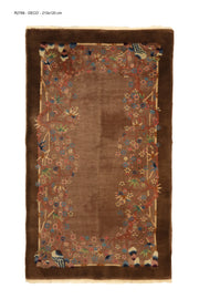 Antique Chinese Art Deco rug, 83x47 inches (210x120 cm), featuring a delicate floral and bamboo border with birds in soft blues and corals on a brown background, framed by chocolate edges.