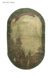 Antique Chinese Art Deco rug, 59x37 inches (150x94 cm), featuring a rich green color palette with bold lines and symmetrical design, exemplifying early 20th-century Chinese craftsmanship.